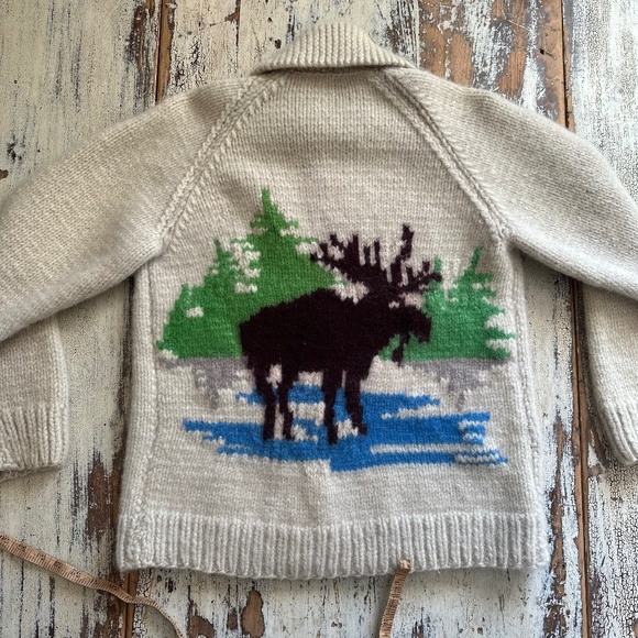 VINTAGE 1970 Handknit Moose Cowichan Style Wool Zip Cardigan Wilderness S/M EUC - Picture 3 of 7